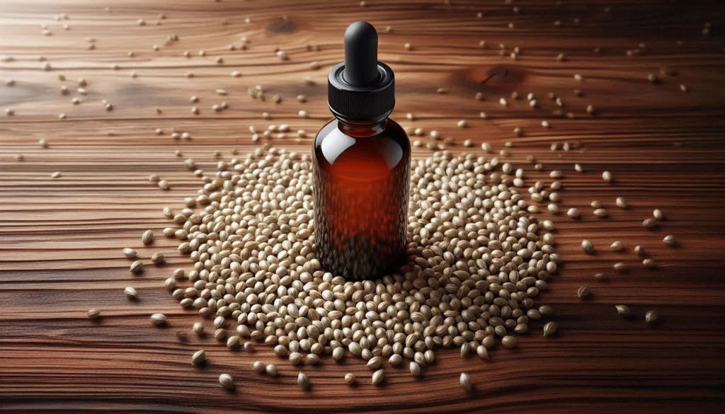 Amber glass bottle with a black dropper cap surrounded by scattered hemp seeds on a wooden surface