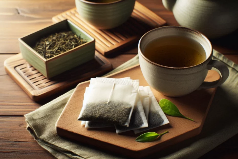 Kratom tea bags and a cup of brewed tea with loose tea leaves in a container, arranged on a wooden table