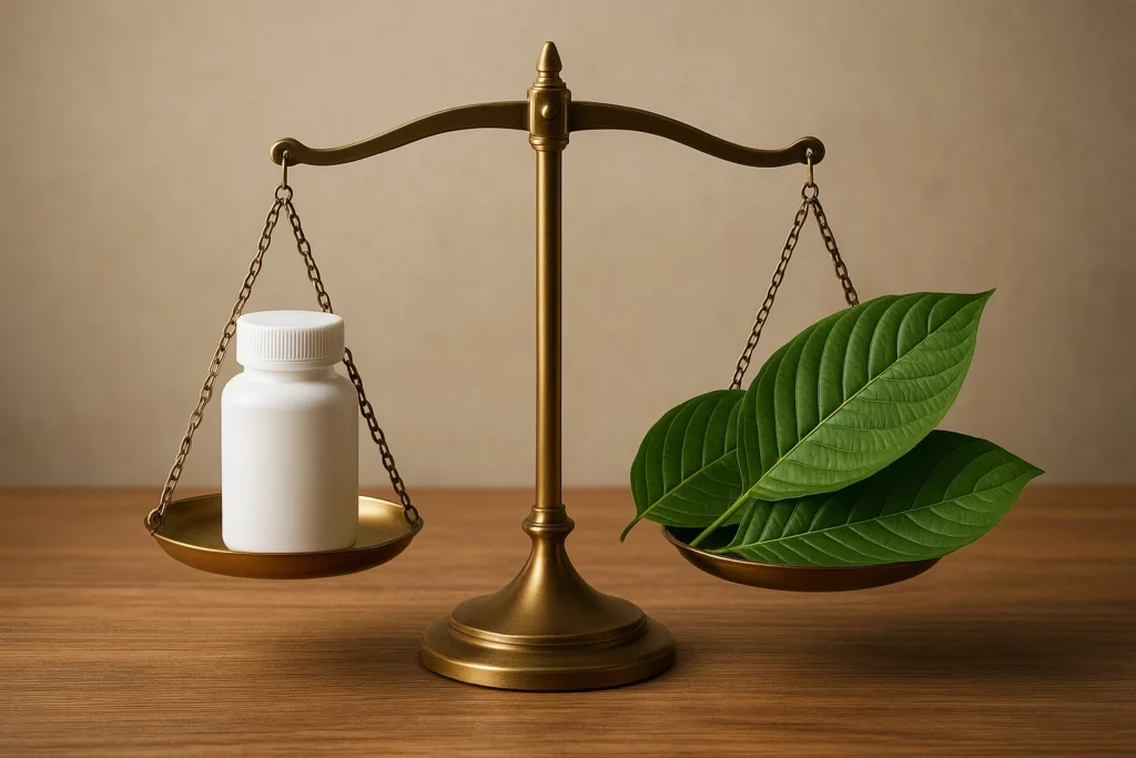 A brass tipping scale holds a white capsule bottle on one side and kratom leaves on the other, set against a wooden surface