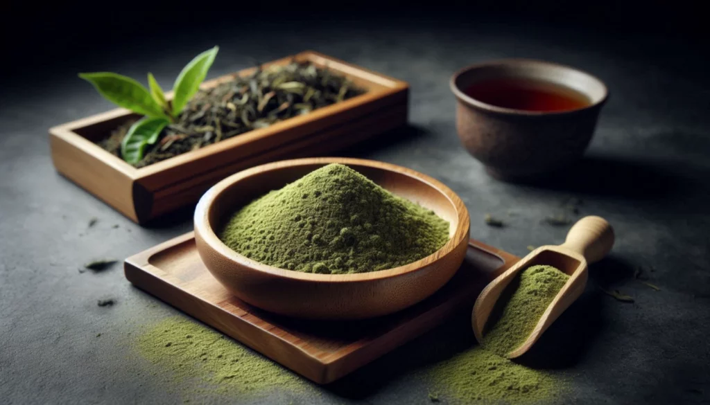 A wooden bowl filled with kratom powder next to loose-leaf kratom and a cup of tea on a dark surface