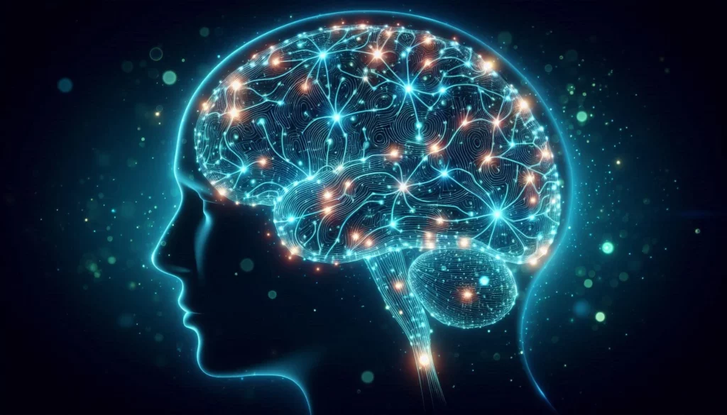 Profile silhouette of human head with glowing blue and orange neural network and intricate synaptic connections