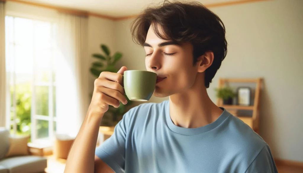 Young man with closed eyes sipping kratom tea, bathed in soft natural light, wearing a blue shirt in a living room