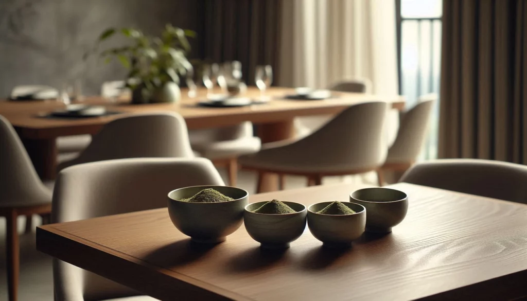 Three ceramic bowls with kratom powder on a wooden table in a modern dining area with chairs and plants.