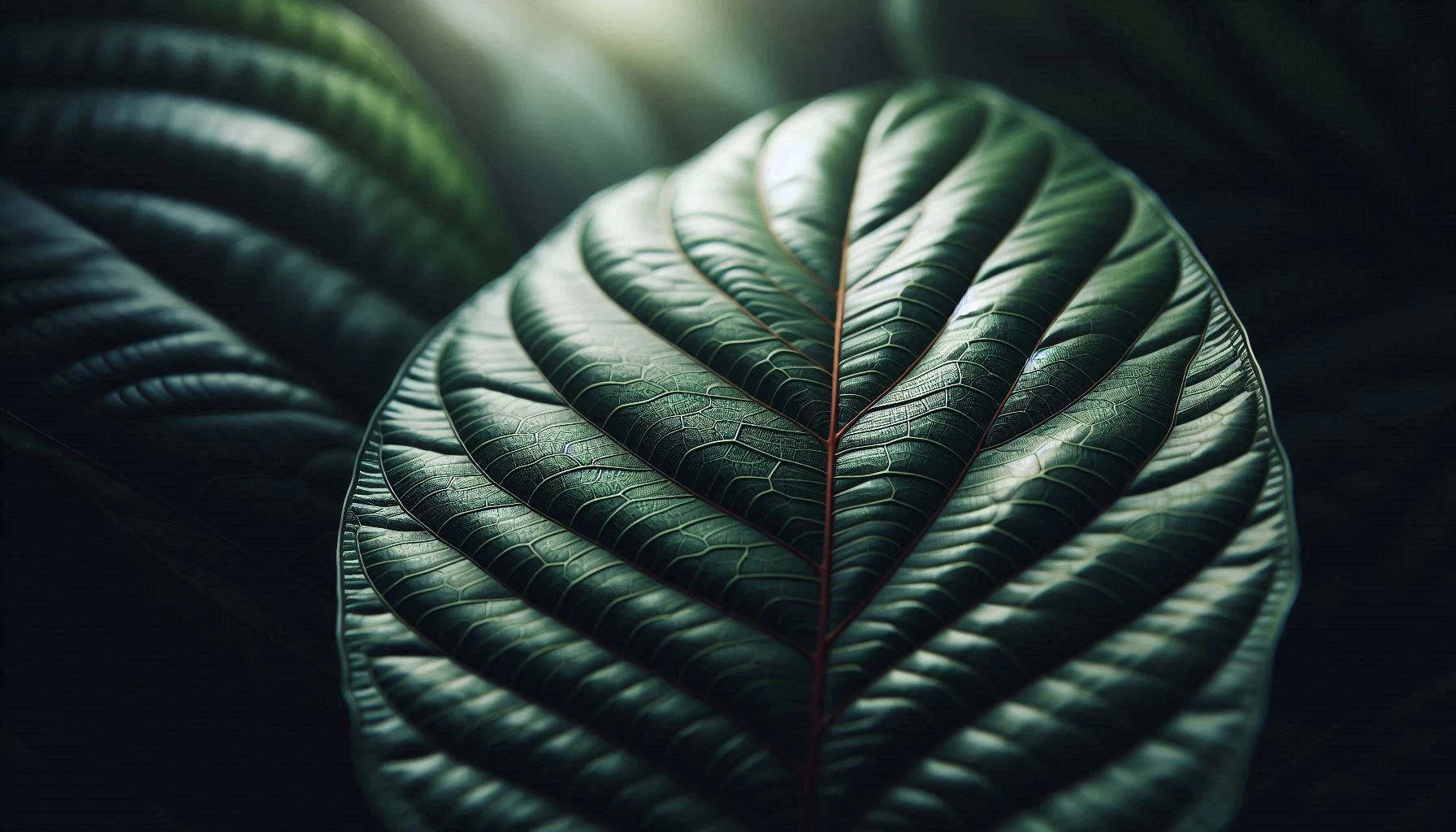 Close-up of glossy kratom leaf displaying intricate vein patterns, highlighting factors of kratom's natural pest resistance