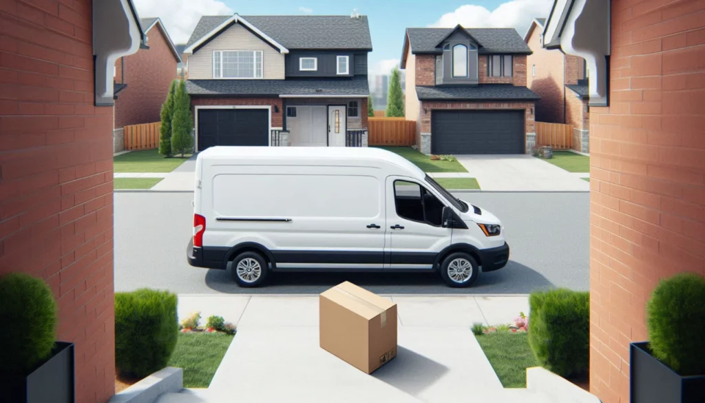 White delivery van parked on suburban street with cardboard package on walkway between brick houses and green shrubs