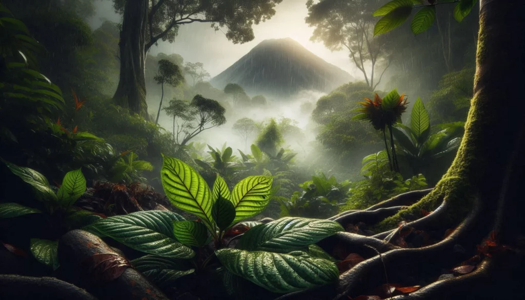 Dense rainforest with towering trees, lush broad leaves, and a misty mountain peak under soft sunlight, with exposed roots and scattered foliage