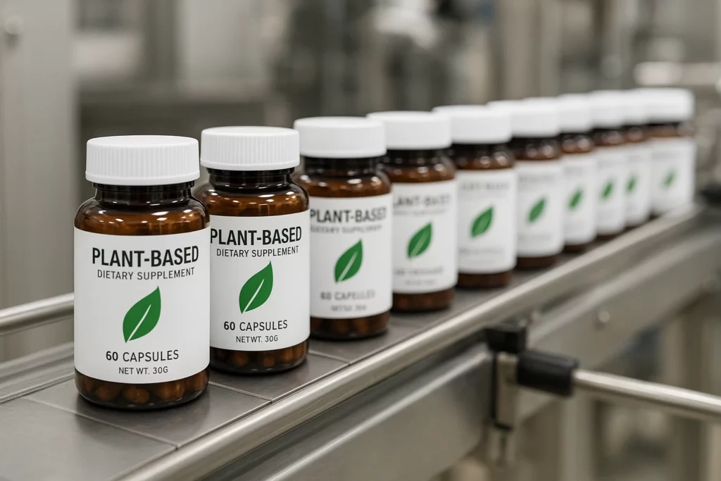 Row of plant-based dietary supplement bottles on a production line conveyor belt in a Good Manufacturing Practices facility.