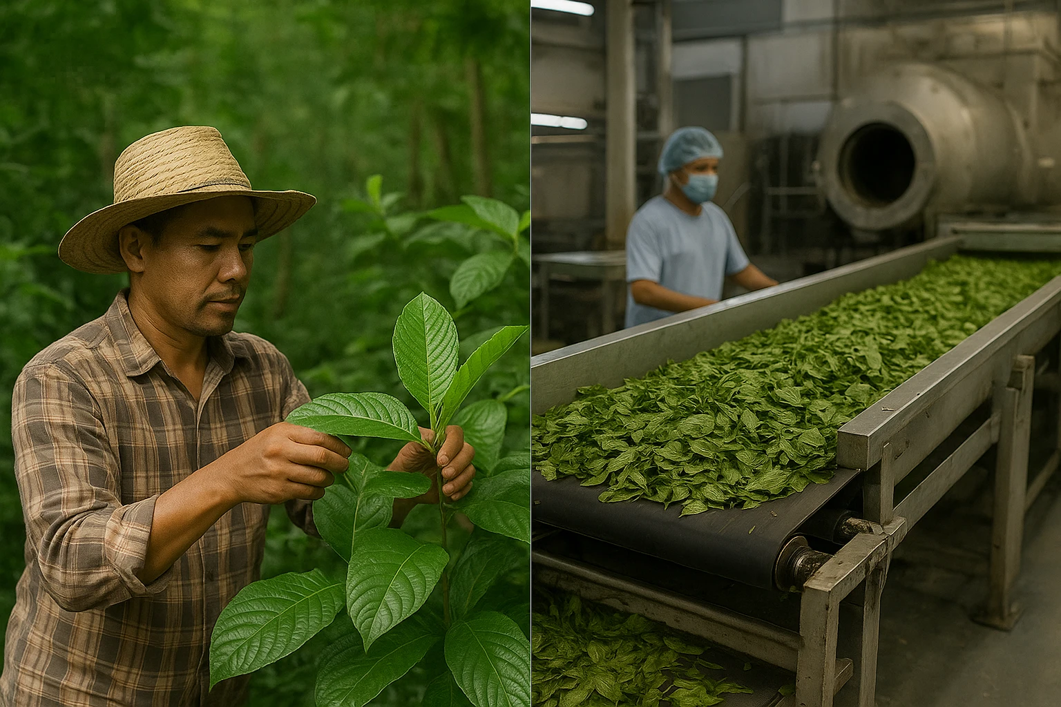 Split image of a farmer in straw hat inspecting leaves on a small-batch kratom farm alongside a worker in a facility monitoring leaves on a conveyor
