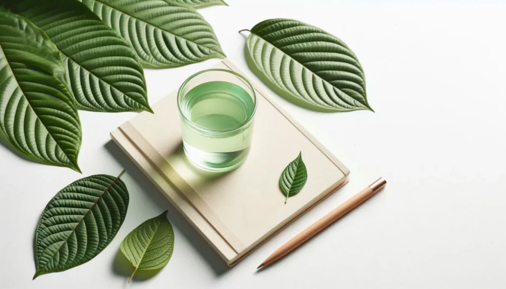 Clear glass with diluted green kratom shot, placed on a notebook with green leaves and a pencil nearby