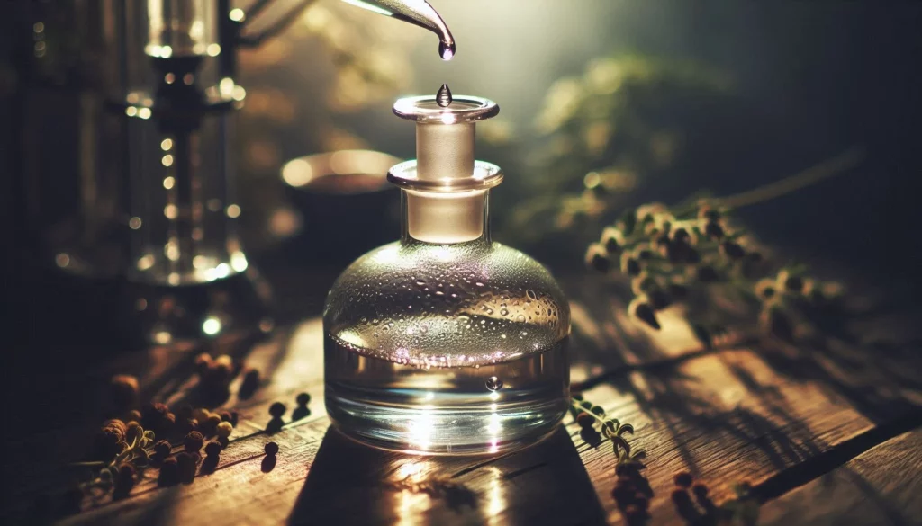 A glass bottle adding liquid from a distiller, surrounded by herbs and seeds on a wooden surface, illuminated by soft lighting.