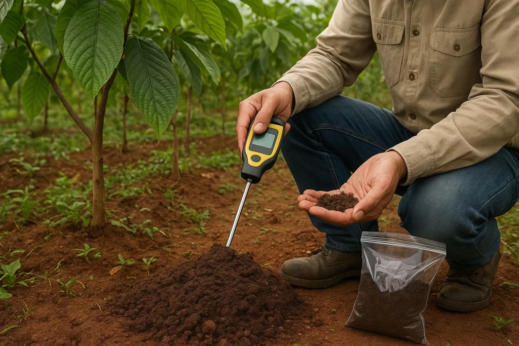 A farmer in a beige shirt and jeans kneels on a kratom farm, using a soil testing device while holding soil samples
