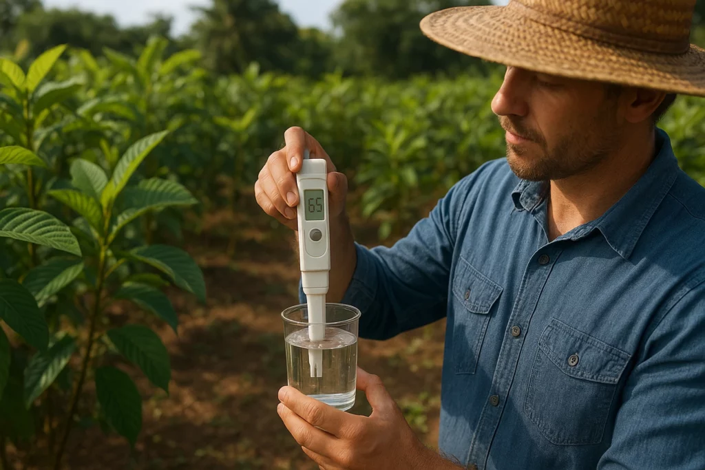 Farmer in a straw hat measuring water quality with a digital meter in a lush kratom farm field.
