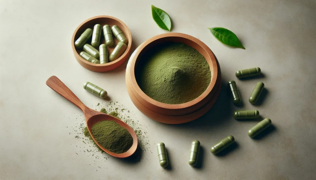 A wooden bowl and spoon of kratom powder beside kratom capsules and two small leaves