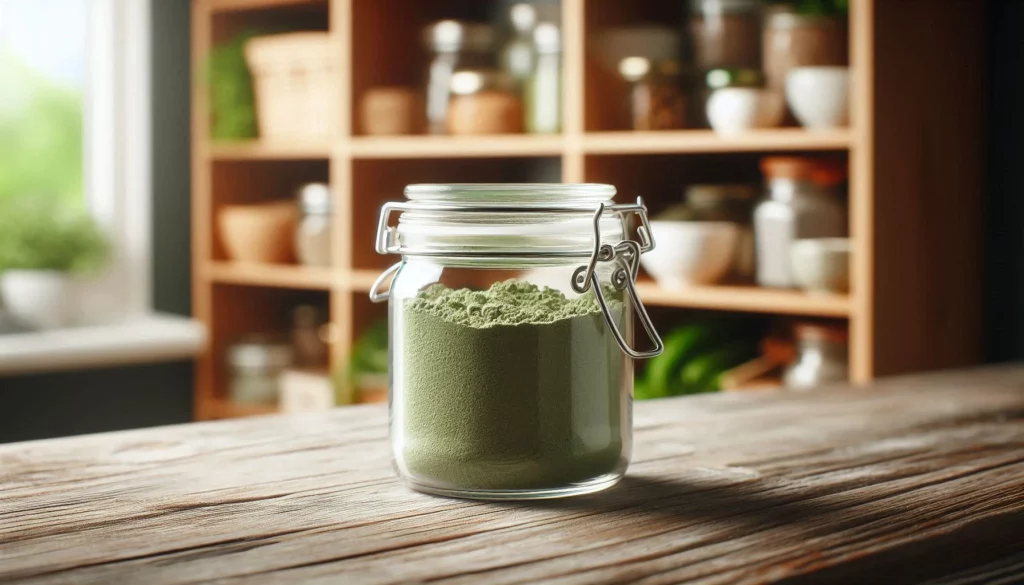 A sealed glass jar with kratom powder on a wooden table in a kitchen with shelves of jars and plants