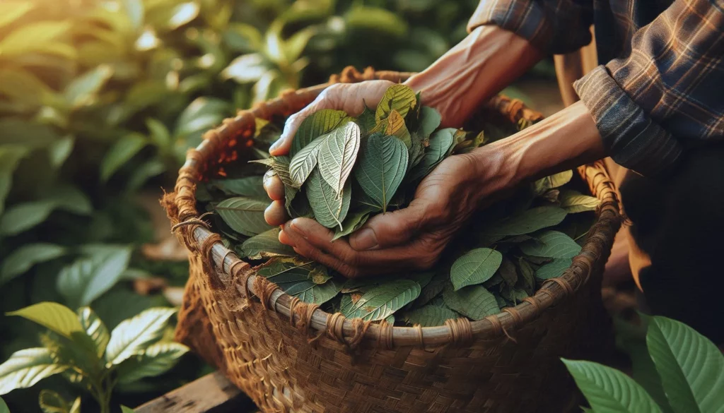 Elderly farmer's hands cradling bundle of kratom leaves over woven bamboo basket