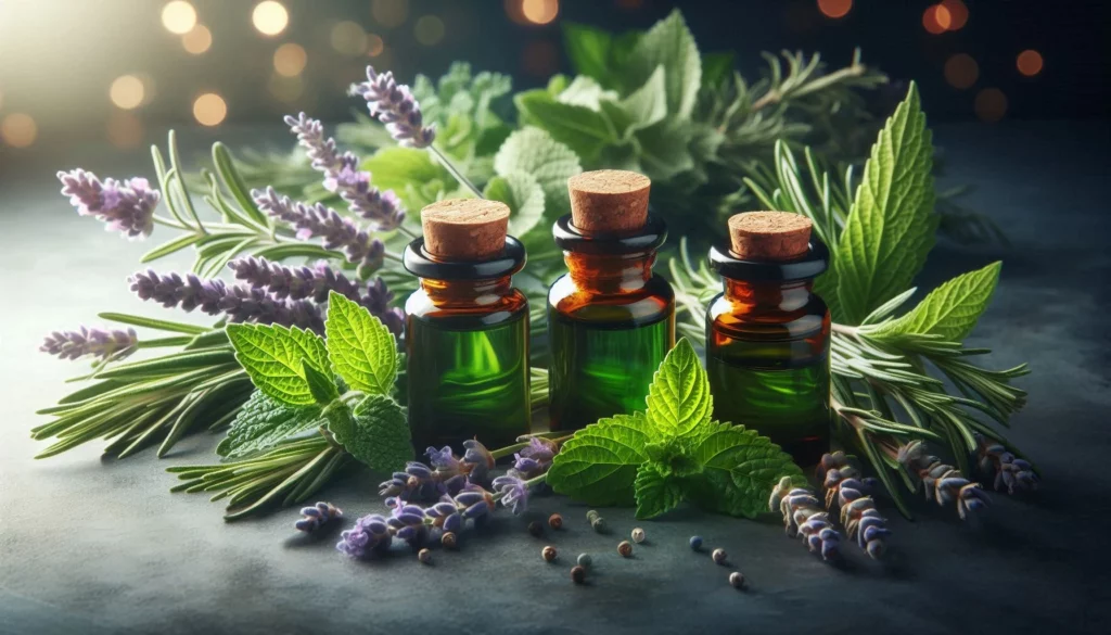 Three green glass bottles with cork stoppers, surrounded by lavender, mint, and rosemary sprigs on a dark surface