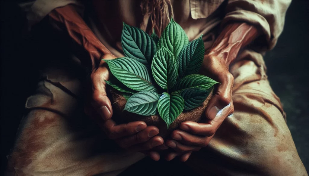 Close-up of kratom leaves held gently in weathered hands
