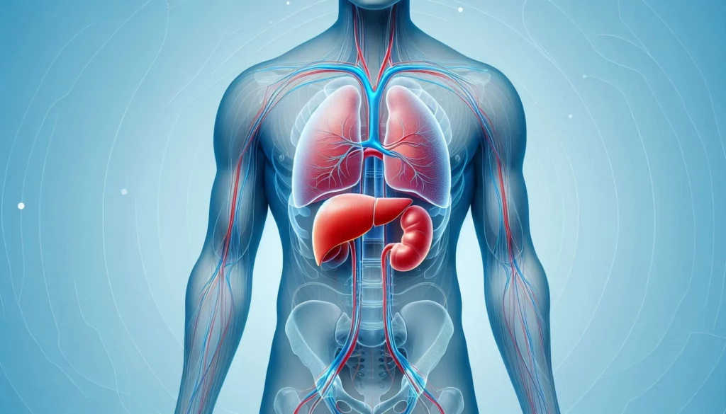 Anatomical illustration of human torso highlighting lungs, liver, and kidneys with visible vascular system