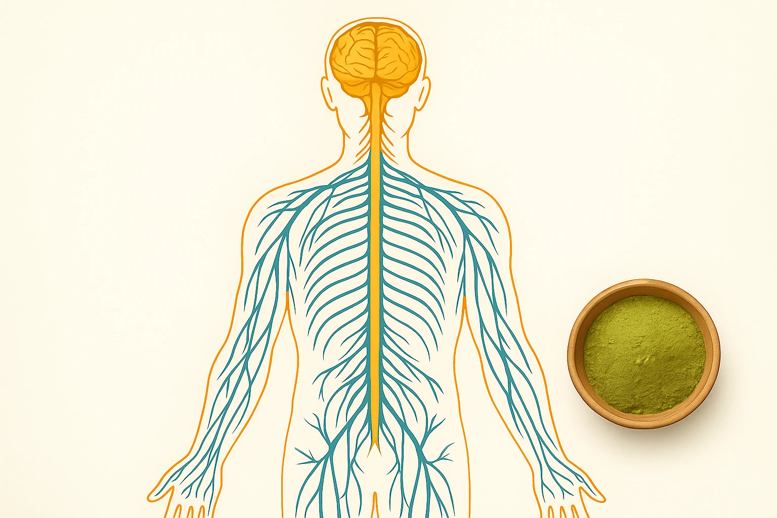 Illustration of the nervous system with a brain and spinal cord, accompanied by a bowl kratom powder, symbolizing kratom's effects on the nervous system