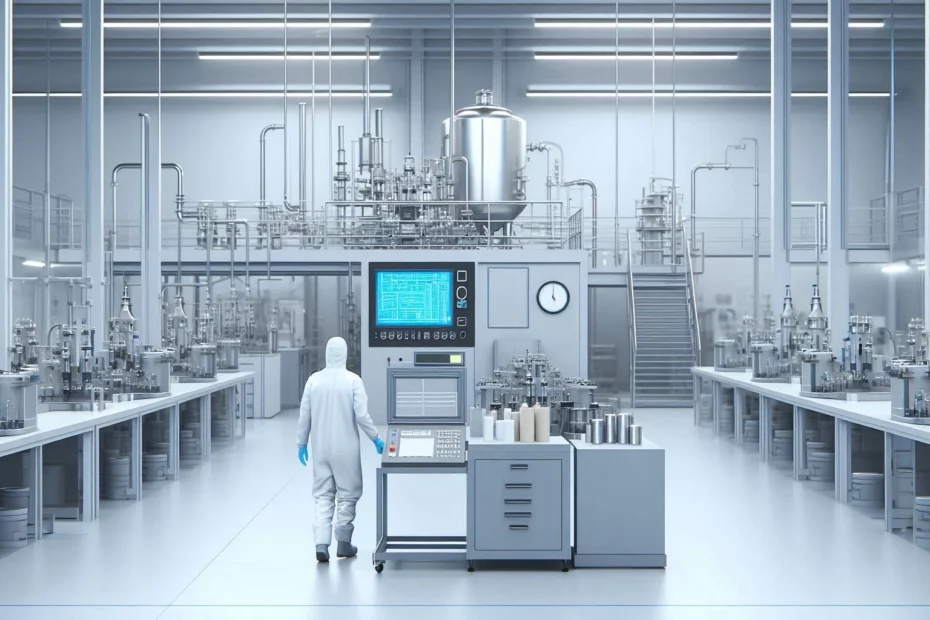 Cleanroom-suited worker operating machinery in a high-tech, Good Manufacturing Practices laboratory