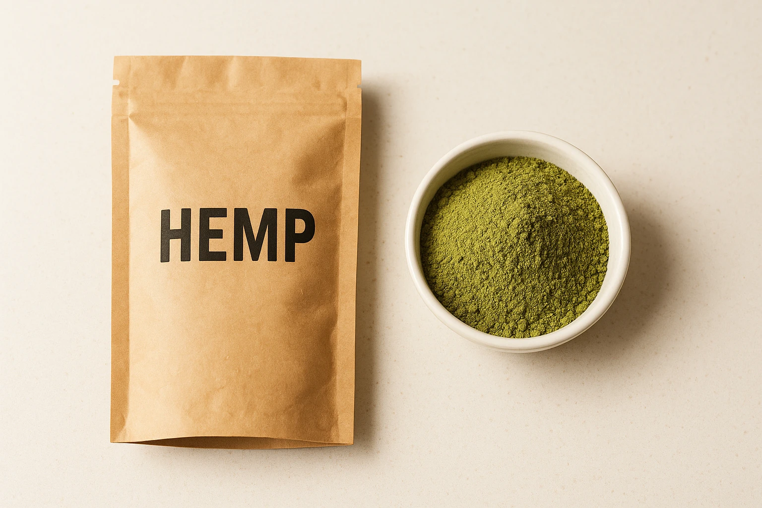 Industrial hemp and kratom powder in a white bowl next to a kraft paper pouch with "HEMP" label on a beige surface