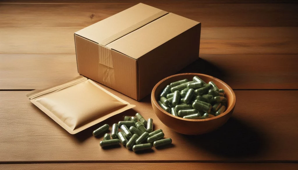 Kratom capsules in a wooden bowl and scattered around, next to a cardboard box and a sealed pouch on a wooden table