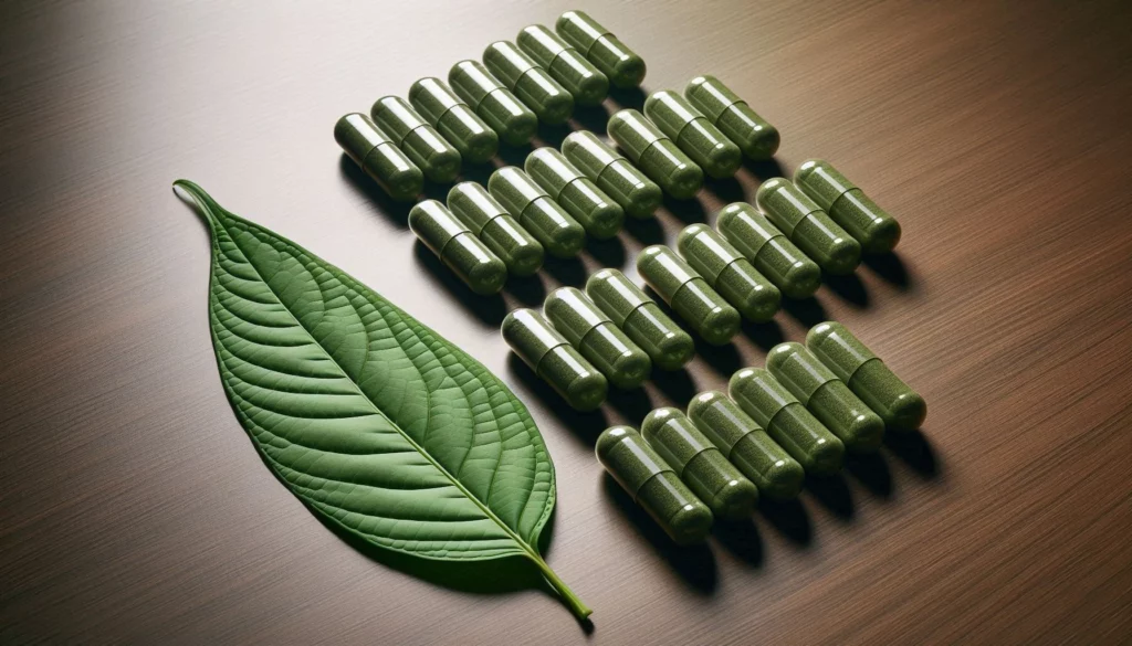 Green kratom capsules arranged in neat rows alongside a large, radiant kratom leaf on a wooden surface