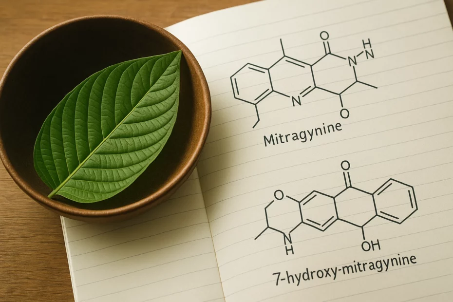 Kratom leaf in a wooden bowl beside a notebook with chemical structures of kratom's alkaloids highlighting synergistic interactions