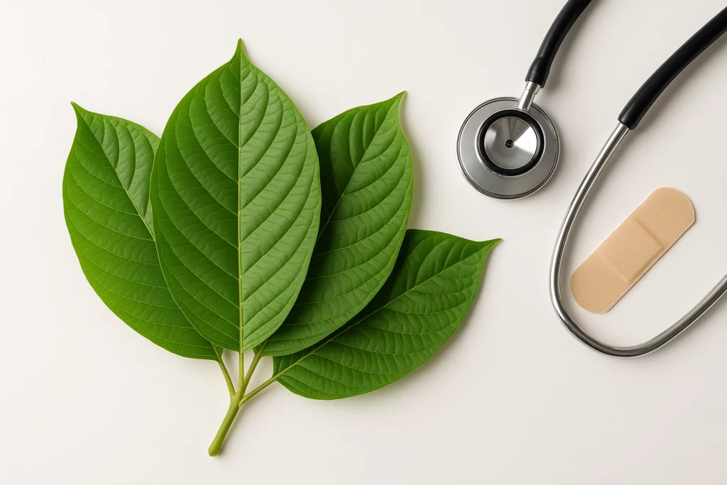 Fresh green kratom leaves alongside a stethoscope and adhesive bandage on a plain background