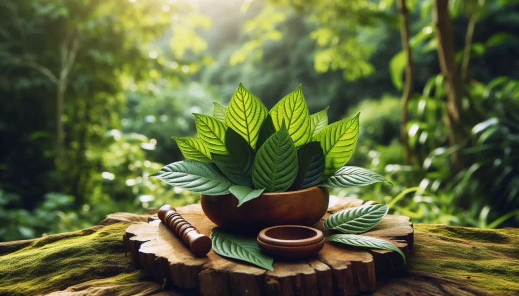 Fresh kratom leaves arranged in a wooden bowl on a moss-covered tree stump, with a pestle and small bowl in the forest