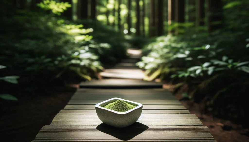 Small white bowl filled with green kratom powder on a wooden path in a lush forest