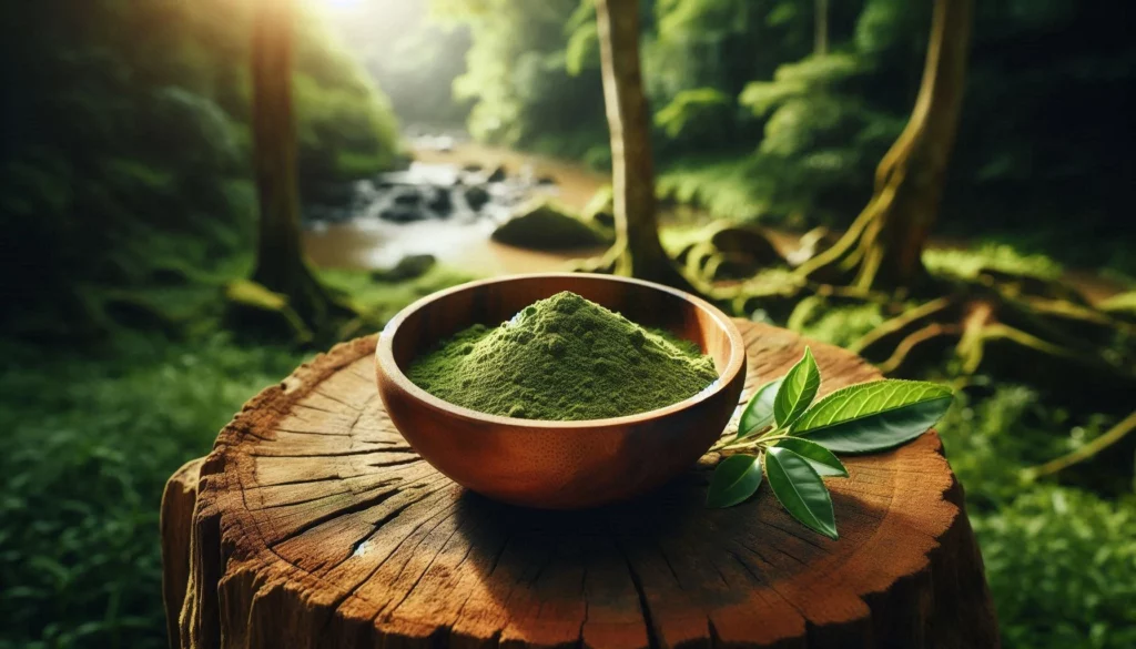Wooden bowl filled with green kratom powder on a tree stump, garnished with fresh leaves, in a forest