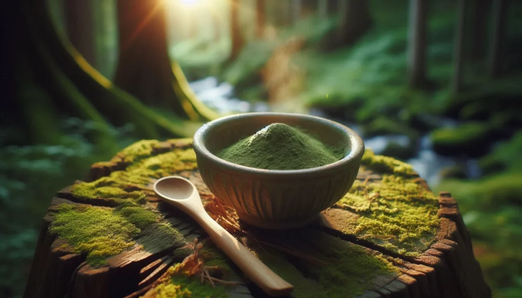 Ceramic bowl filled with kratom powder and wooden spoon on a mossy forest stump
