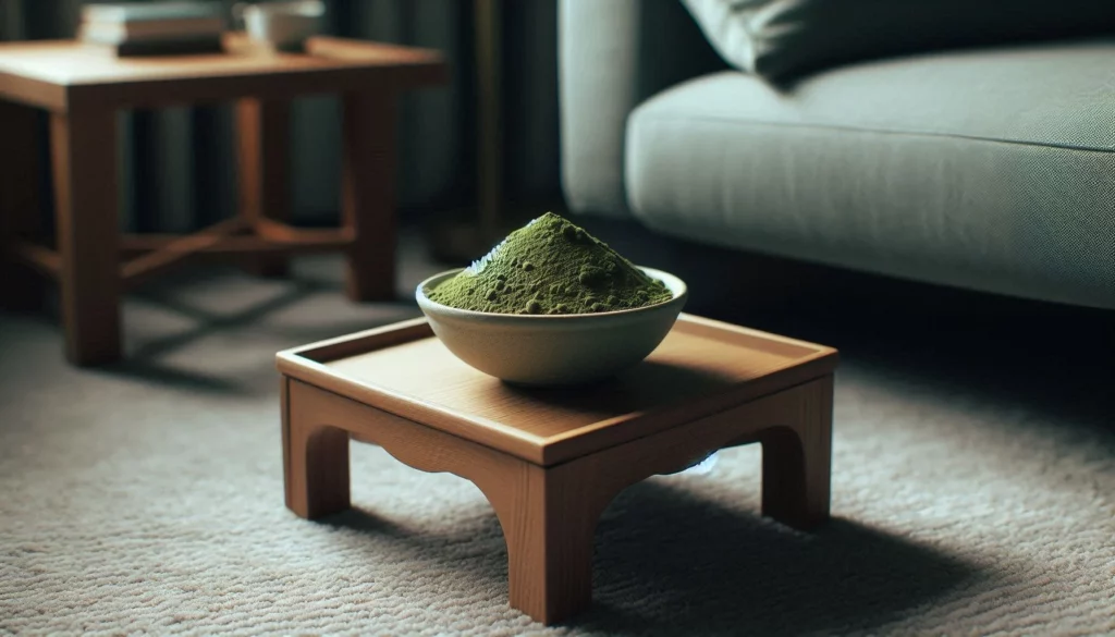 A bowl filled with green kratom powder placed on a wooden stand in a living room