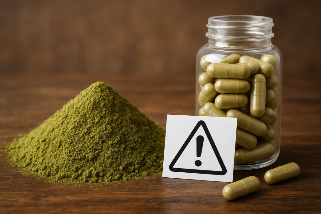 A pile of kratom powder beside a glass jar with capsules and a warning sign card, showing potentially adulterated kratom
