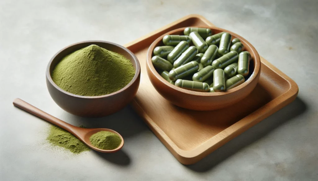 Green kratom powder in a wooden bowl with a spoon, alongside a bowl of kratom capsules on a wooden tray.