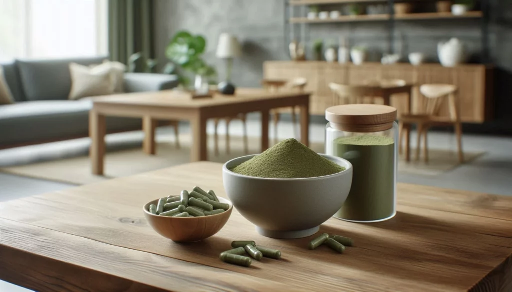 A bowl and jar of kratom powder beside a bowl of kratom capsules on a wooden table in a living room