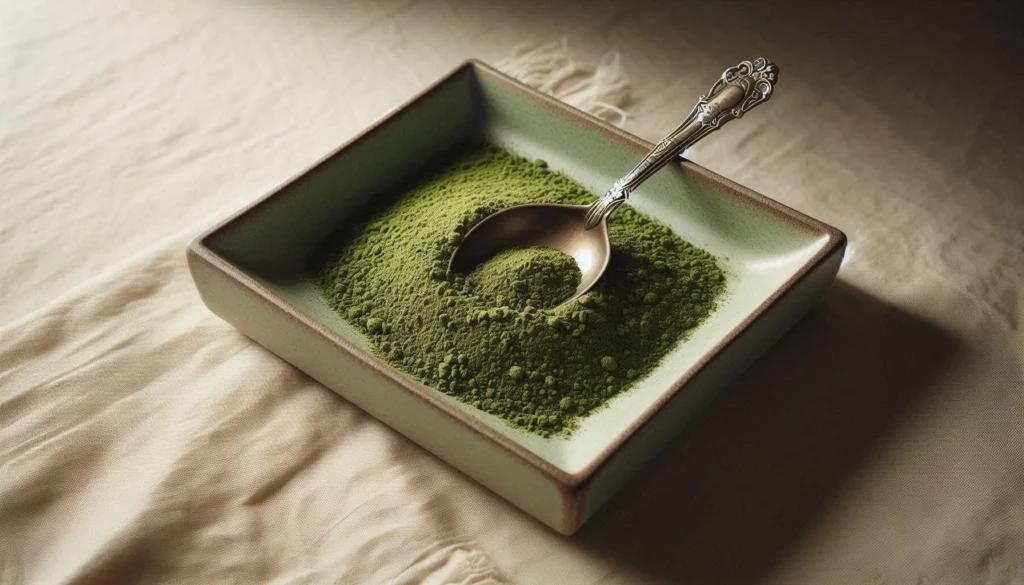 Square ceramic dish with kratom powder and a vintage silver spoon resting inside on a beige fabric surface