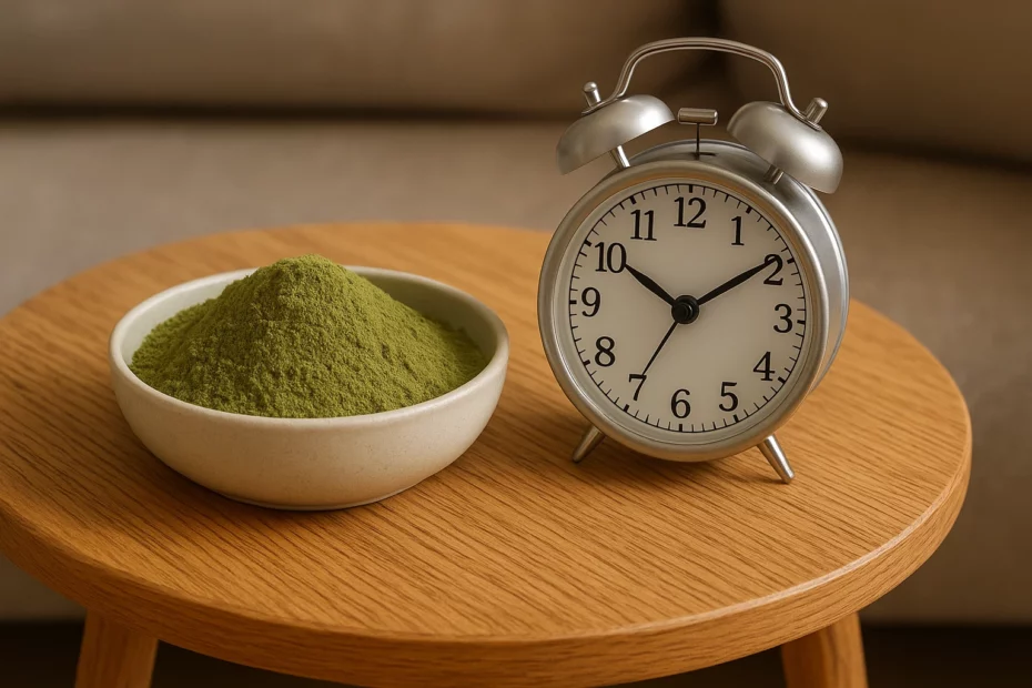 Bowl of green kratom powder next to a classic alarm clock on a wooden table, symbolizing how long kratom stays in your system