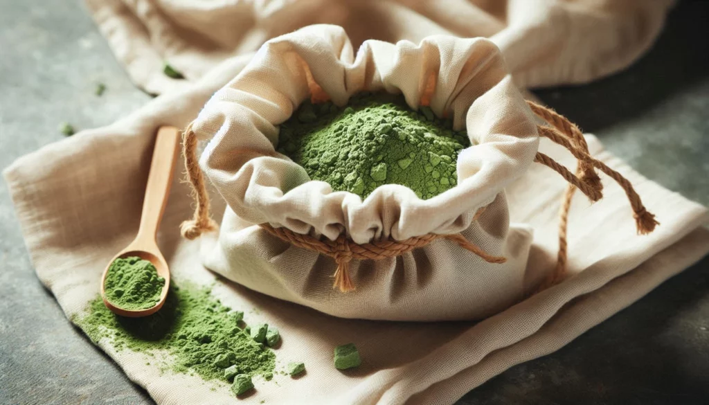 Wooden spoon holding kratom powder adjacent to an open muslin drawstring pouch brimming with the same powder on a linen fabric