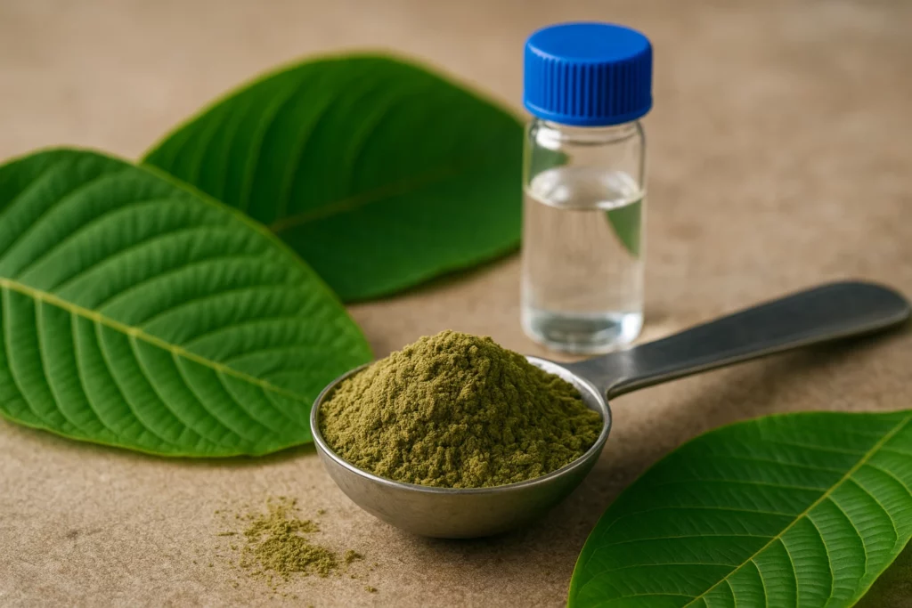 A metal spoon filled with green kratom powder next to a small vial and fresh leaves on a textured surface