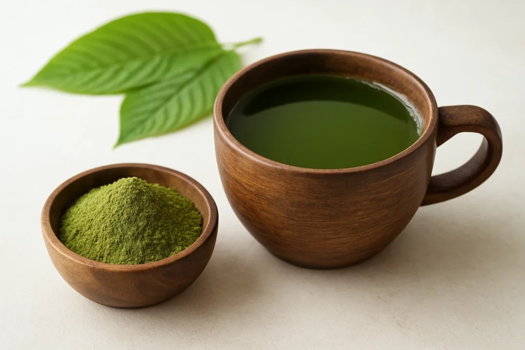 Small wooden bowl of fine green kratom powder beside steaming mug of kratom tea, with broad veined kratom leaves on white surface