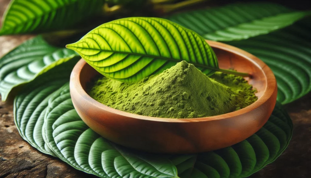 Wooden bowl filled with green kratom powder, topped with large kratom leaf on a weathered wooden surface