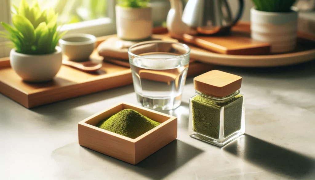 Green kratom powder in a wooden box and glass jar, accompanied by a glass of water on a kitchen countertop
