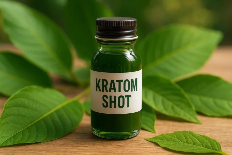 Small green bottle labelled "Kratom Shot" with a black cap, surrounded by fresh green leaves on a wooden surface.