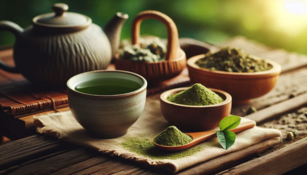 Ceramic teapot and cup with green kratom tea, wooden bowls of kratom powder, and fresh leaf on a table