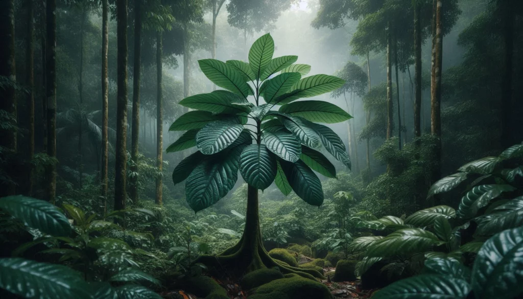 Majestic young kratom tree with broad veined green leaves in misty rainforest, surrounded by tall trunks and dense foliage