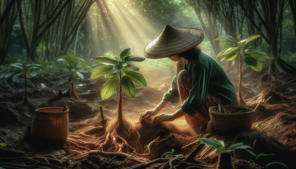 Person in a conical hat planting a kratom tree with mycorrhizal fungi in a sunlit forest