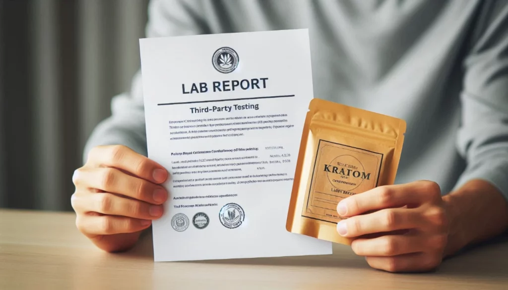A person holding a lab report for third-party testing and a sealed kratom package with a label