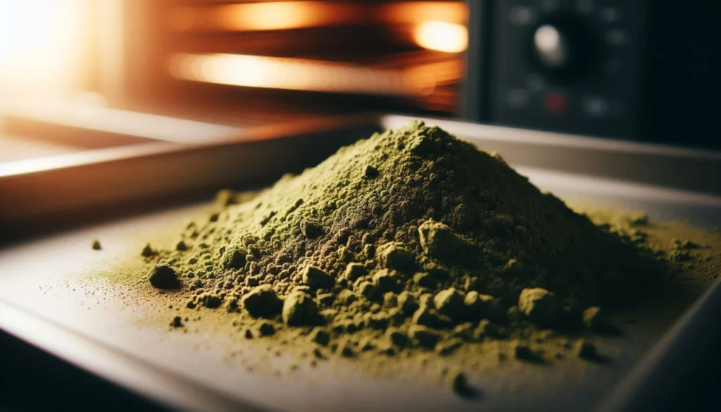 Lightly toasted kratom powder piled on a baking tray with an oven in the background